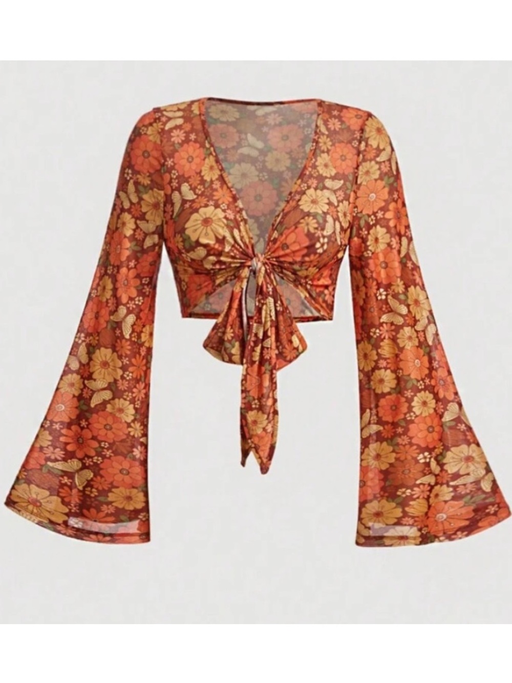 Vintage Y2K vibes Floral Bell Sleeve Tie-Front Top - Picture 5 of 5